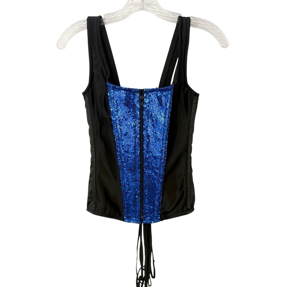 Top Drawer Daisy Corset Small Black Blue Sequin Zip Bustier Glam Showgirl Vamp